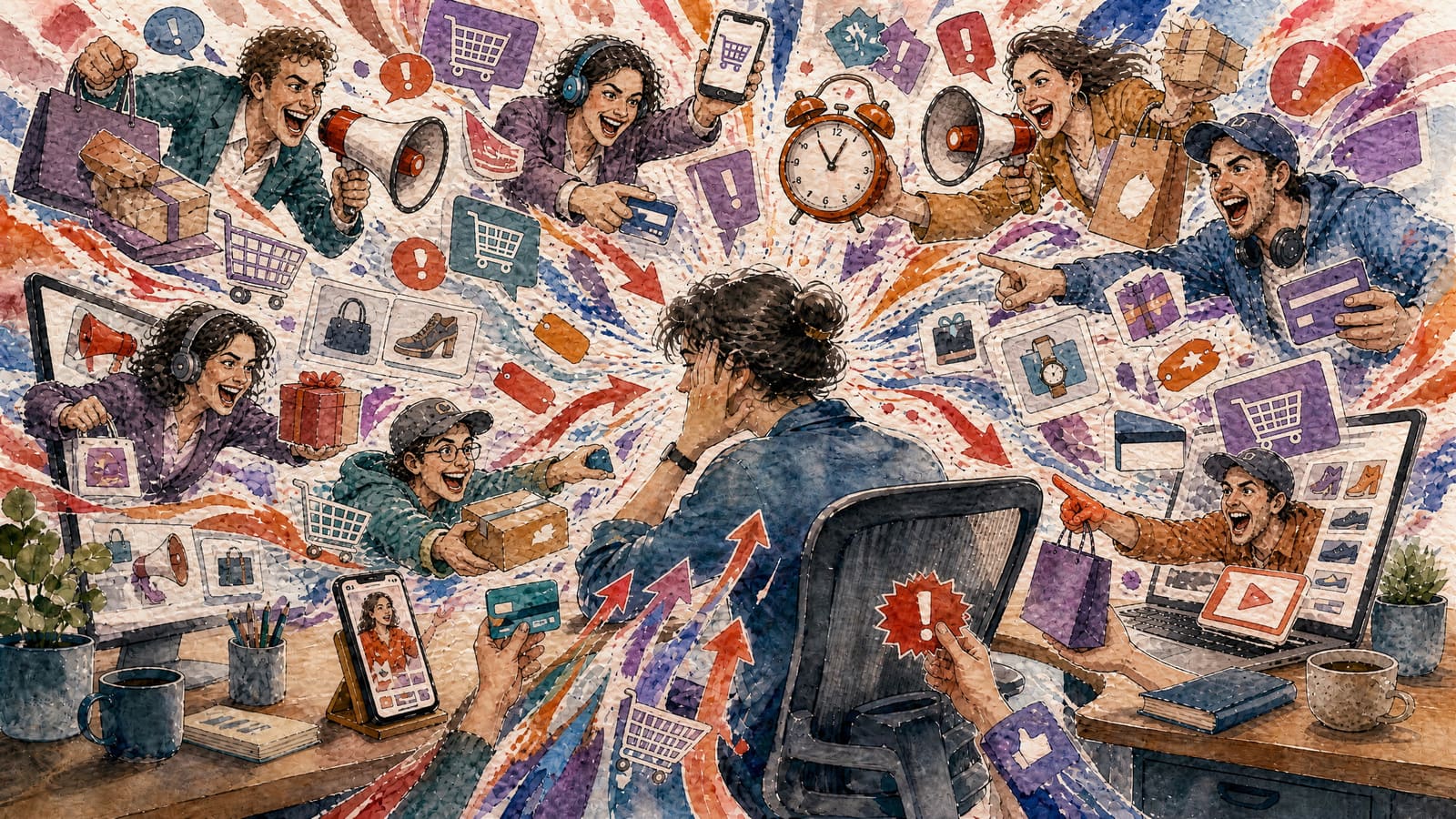 A person at their screens buried under ads, notifications and offers